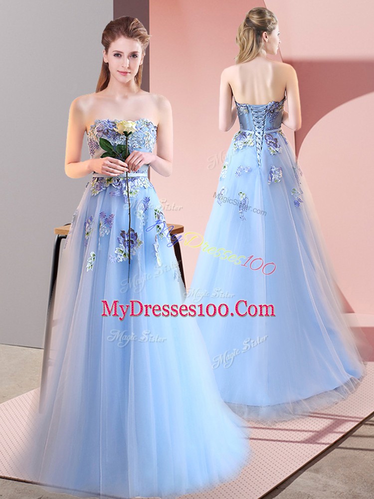 Glamorous Floor Length Blue Evening Dress Tulle Sleeveless Appliques