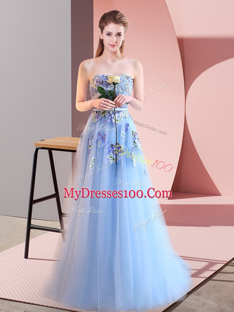 Glamorous Floor Length Blue Evening Dress Tulle Sleeveless Appliques