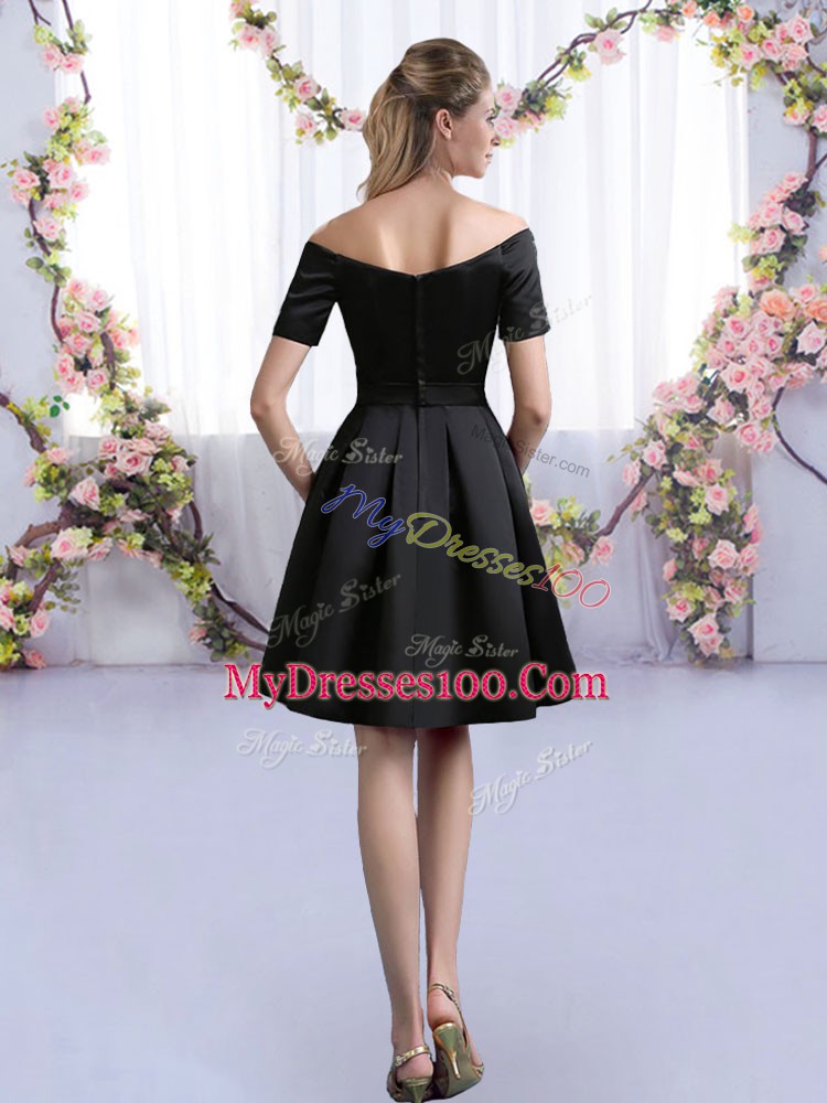 Off The Shoulder Short Sleeves Wedding Guest Dresses Mini Length Ruching Black Satin