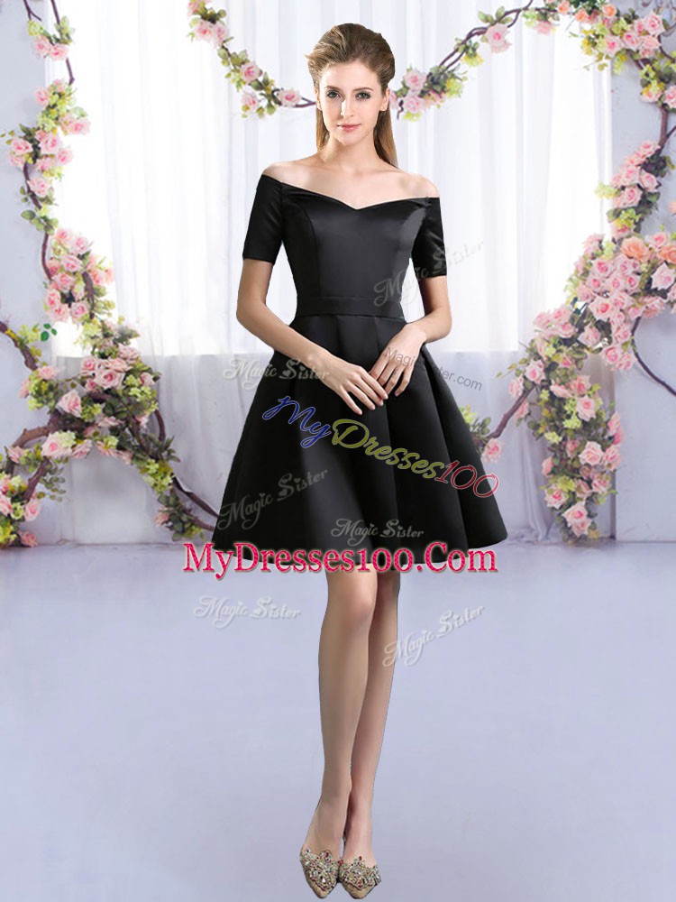 Off The Shoulder Short Sleeves Wedding Guest Dresses Mini Length Ruching Black Satin