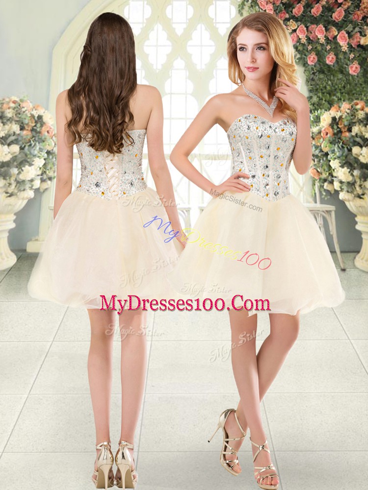Affordable Champagne Prom Gown Prom and Party with Beading Sweetheart Sleeveless Lace Up