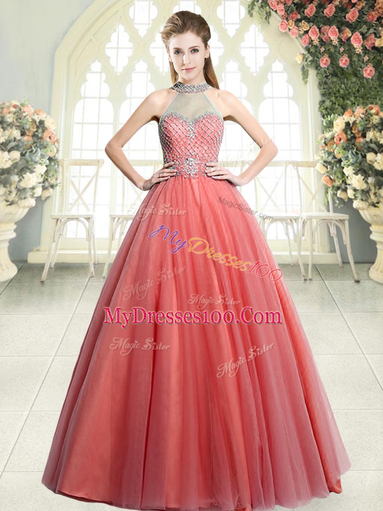 Dramatic Watermelon Red Zipper Halter Top Beading Formal Dresses Tulle Sleeveless