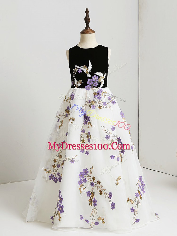 White Zipper Scoop Appliques Evening Gowns Printed Sleeveless