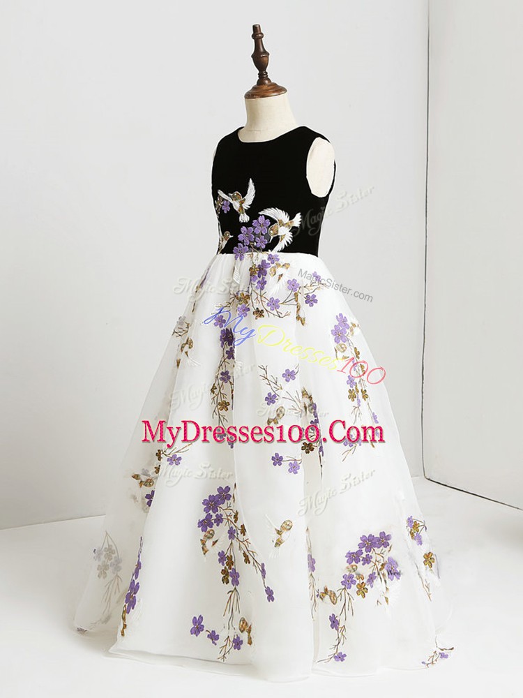 White Zipper Scoop Appliques Evening Gowns Printed Sleeveless