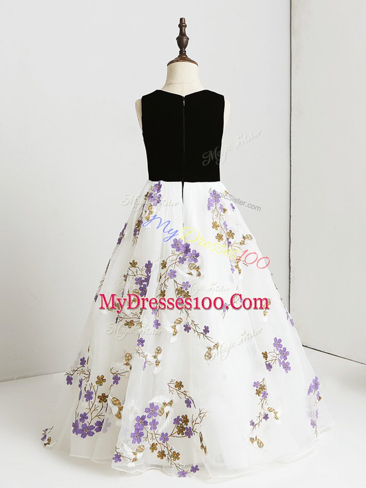 White Zipper Scoop Appliques Evening Gowns Printed Sleeveless