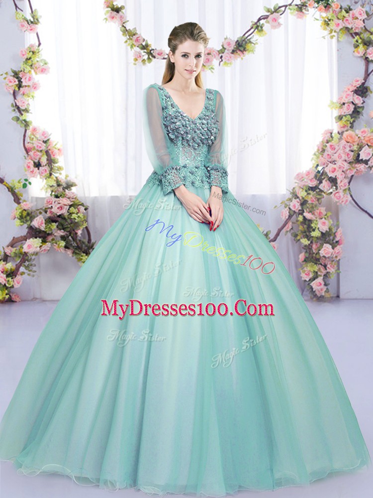 Tulle Long Sleeves Floor Length Quince Ball Gowns and Lace and Appliques
