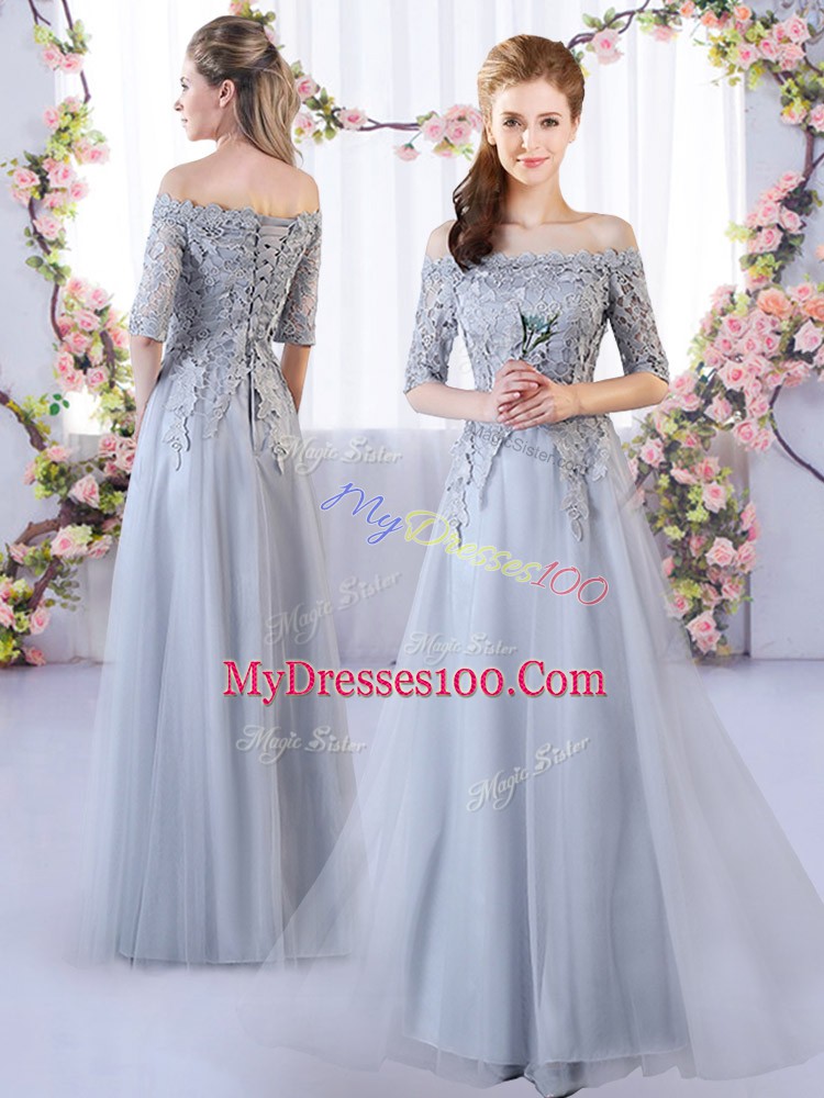 Latest Grey Off The Shoulder Lace Up Appliques Bridesmaid Dresses Half Sleeves