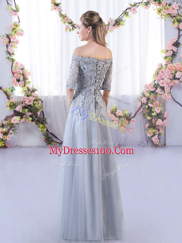 Latest Grey Off The Shoulder Lace Up Appliques Bridesmaid Dresses Half Sleeves