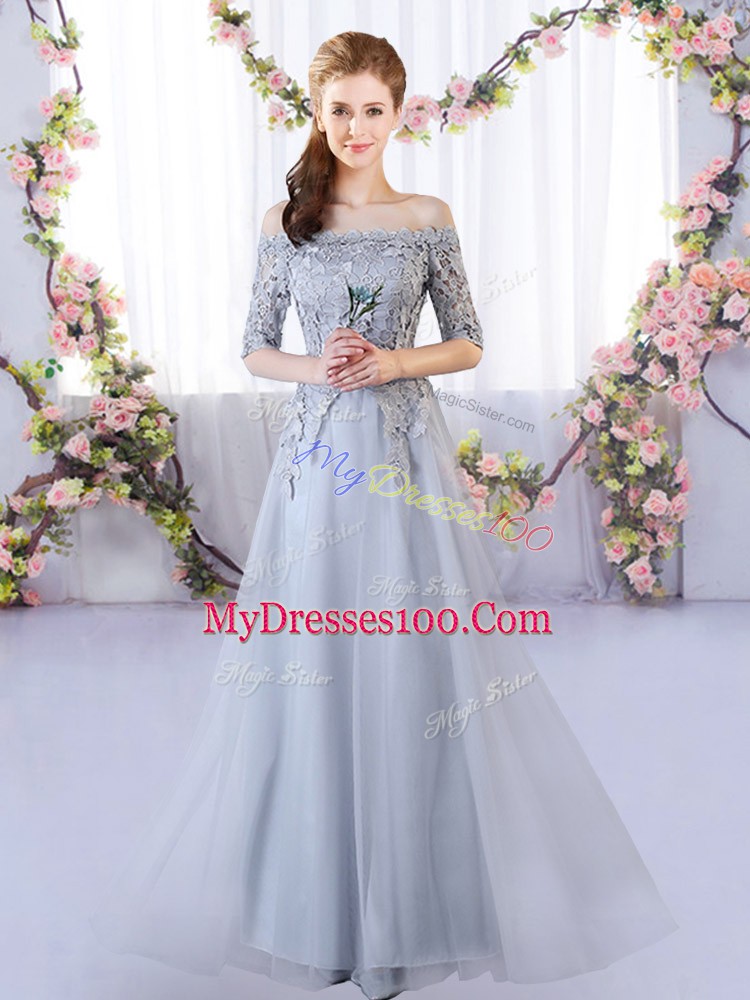 Latest Grey Off The Shoulder Lace Up Appliques Bridesmaid Dresses Half Sleeves