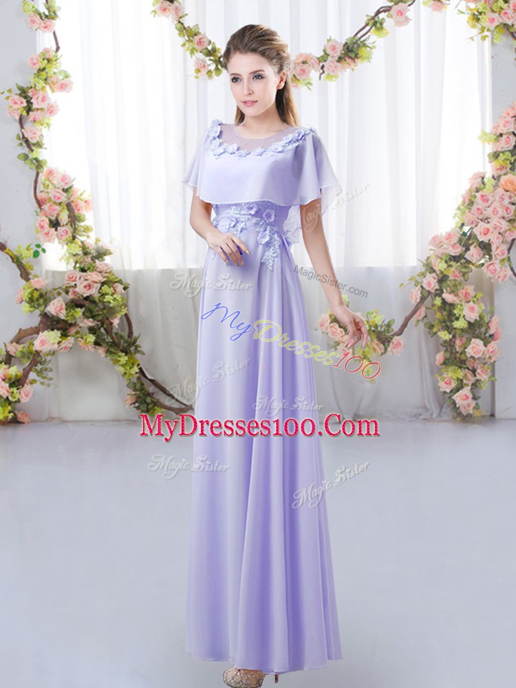 Scoop Short Sleeves Dama Dress Floor Length Appliques Lavender Chiffon