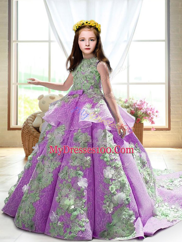 Customized High-neck Sleeveless Pageant Dresses Court Train Appliques Lilac Satin