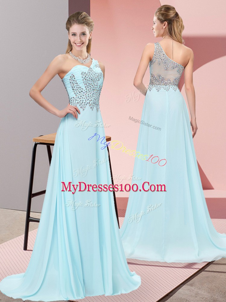 Graceful Sweep Train Empire Prom Evening Gown Baby Blue One Shoulder Chiffon Sleeveless Side Zipper
