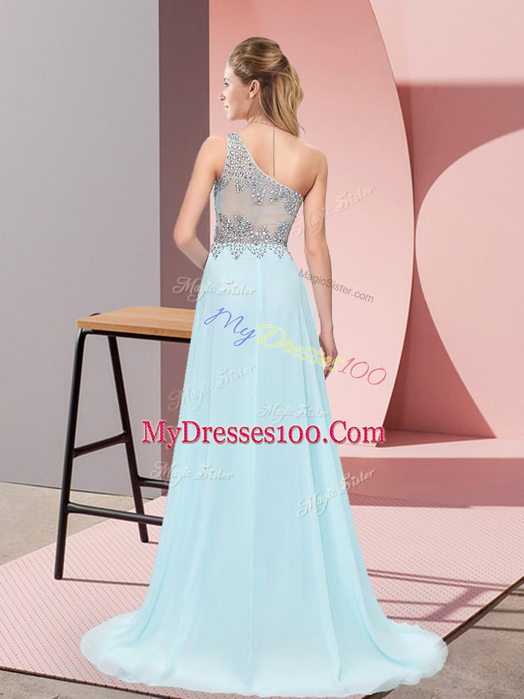 Graceful Sweep Train Empire Prom Evening Gown Baby Blue One Shoulder Chiffon Sleeveless Side Zipper