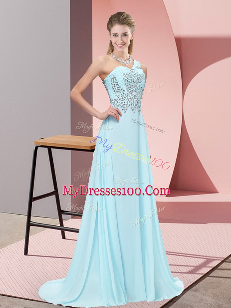 Graceful Sweep Train Empire Prom Evening Gown Baby Blue One Shoulder Chiffon Sleeveless Side Zipper