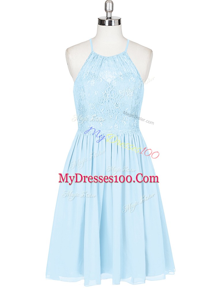 Mini Length Backless Prom Dresses Light Blue for Prom and Party with Lace