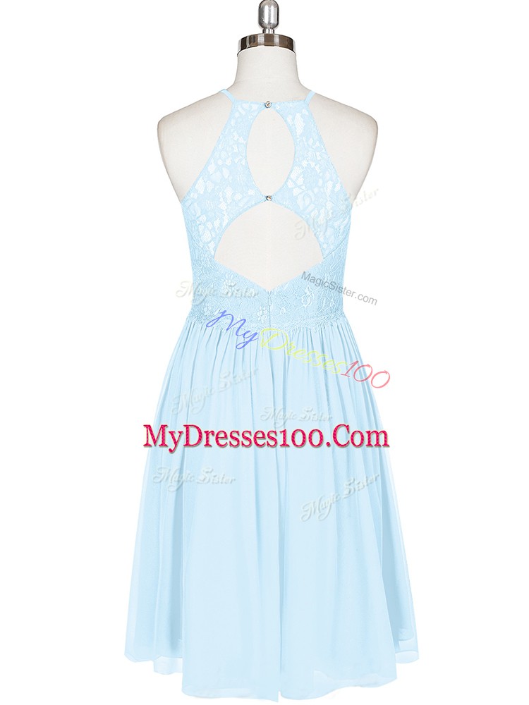 Mini Length Backless Prom Dresses Light Blue for Prom and Party with Lace