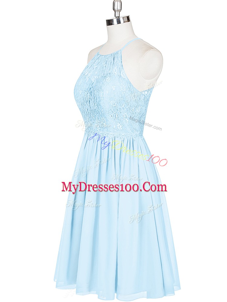 Mini Length Backless Prom Dresses Light Blue for Prom and Party with Lace