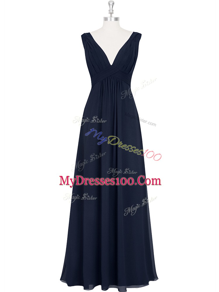 Black Sleeveless Floor Length Ruching Backless Evening Party Dresses