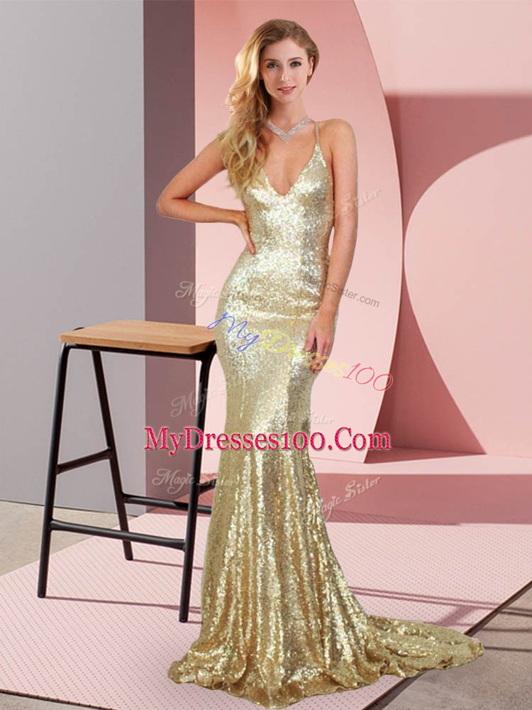 Affordable Backless Prom Dresses Gold for Prom and Party with Ruching Sweep Train
