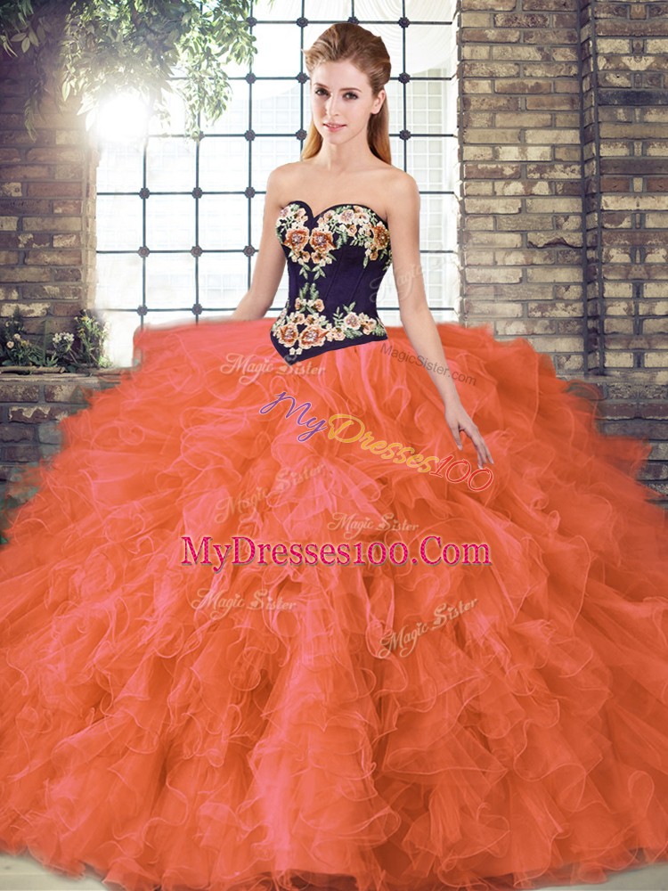 Free and Easy Orange Red Ball Gowns Organza Sweetheart Sleeveless Beading and Embroidery Floor Length Lace Up Quinceanera Dress