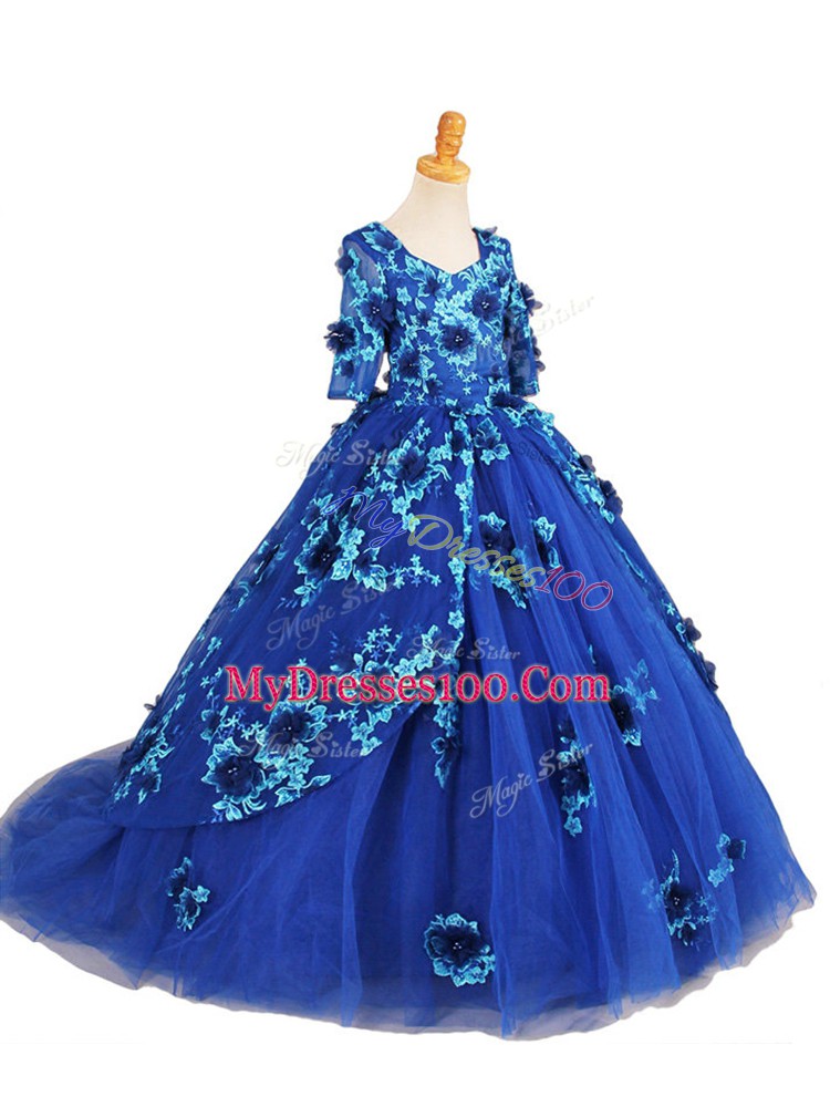 Blue Ball Gowns V-neck Half Sleeves Tulle Brush Train Zipper Beading and Appliques Custom Made Pageant Dress