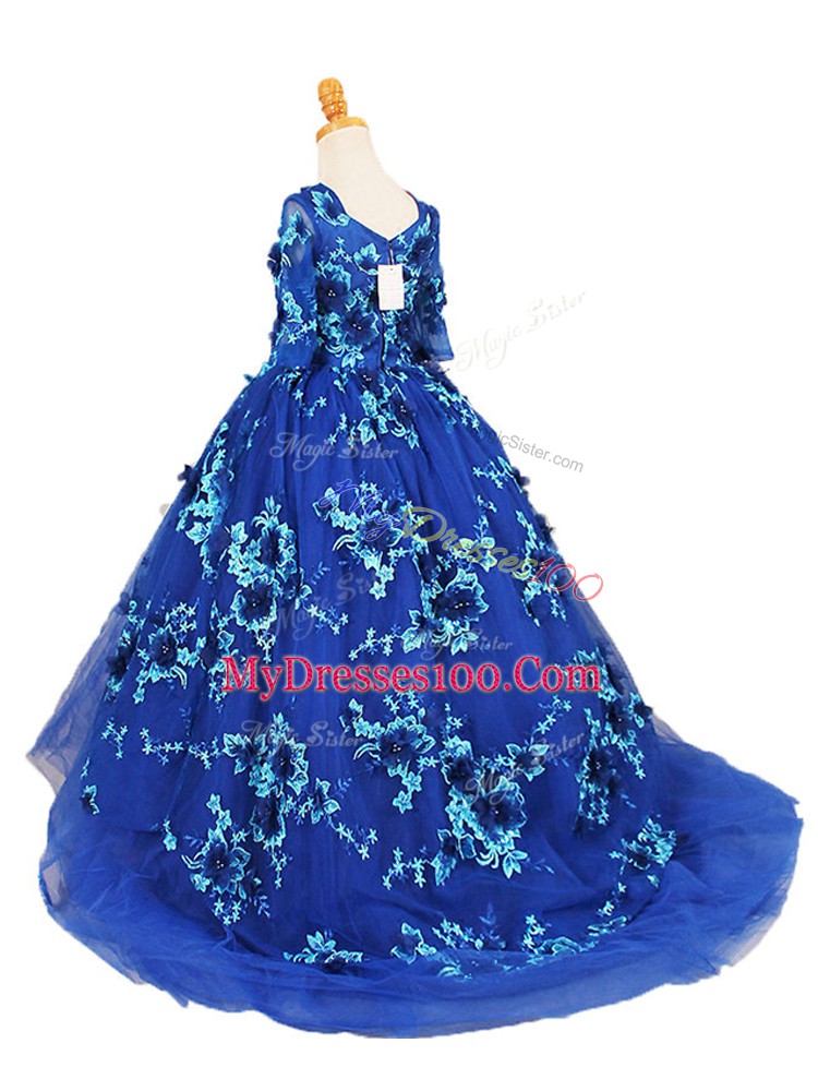 Blue Ball Gowns V-neck Half Sleeves Tulle Brush Train Zipper Beading and Appliques Custom Made Pageant Dress