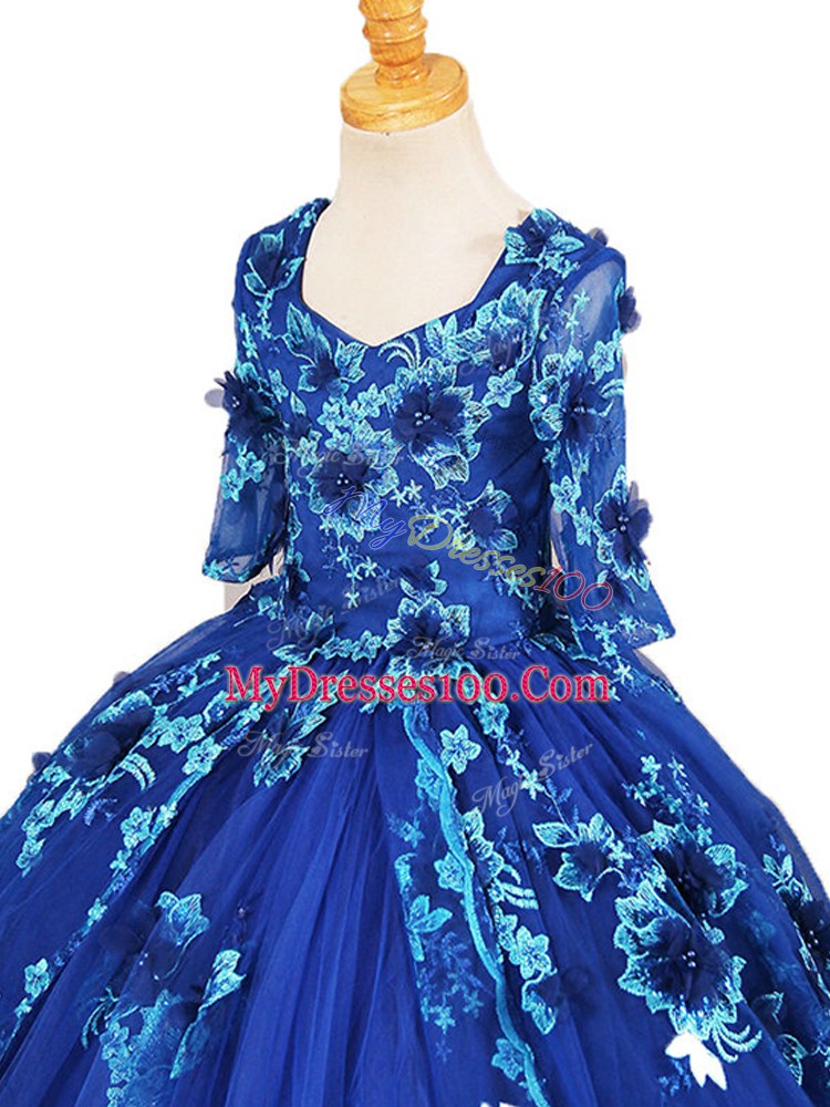 Blue Ball Gowns V-neck Half Sleeves Tulle Brush Train Zipper Beading and Appliques Custom Made Pageant Dress