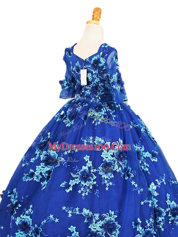 Blue Ball Gowns V-neck Half Sleeves Tulle Brush Train Zipper Beading and Appliques Custom Made Pageant Dress