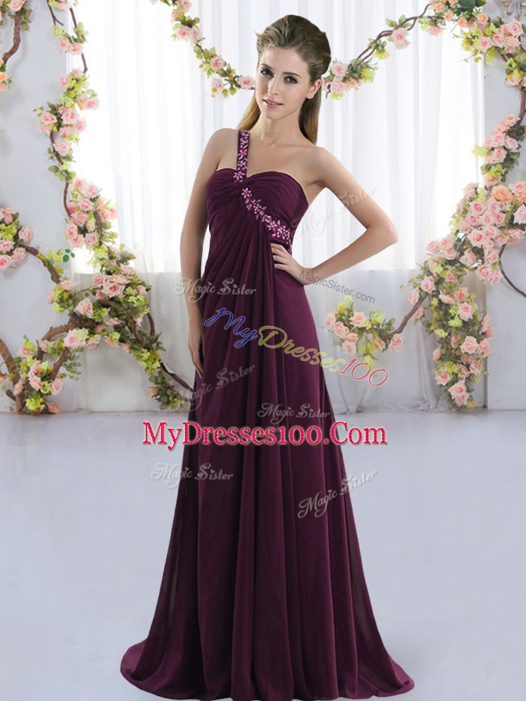Fitting Dark Purple Bridesmaid Gown Prom and Party and Wedding Party with Beading One Shoulder Sleeveless Brush Train Lace Up