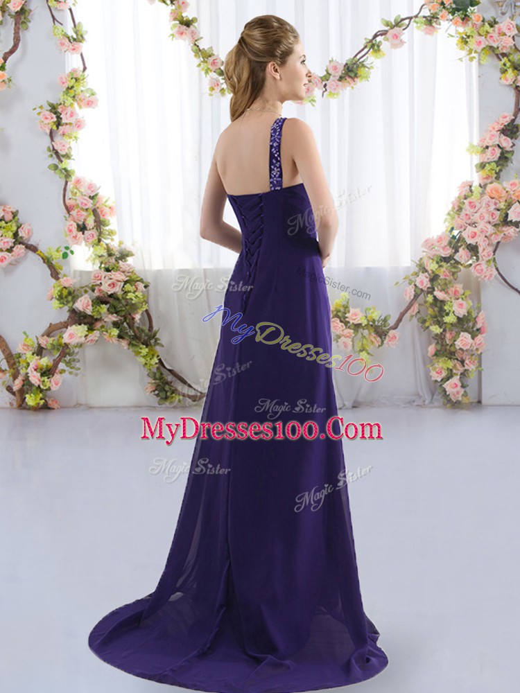 Fitting Dark Purple Bridesmaid Gown Prom and Party and Wedding Party with Beading One Shoulder Sleeveless Brush Train Lace Up