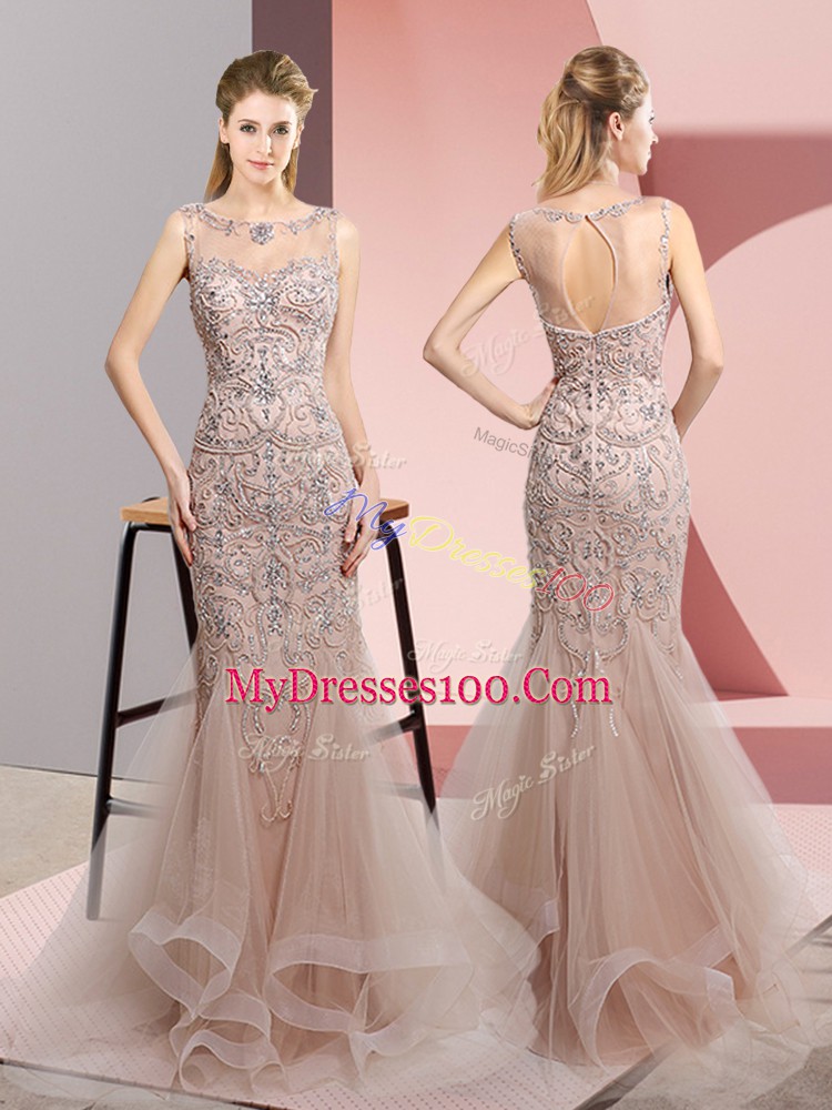 Clearance Mermaid Prom Party Dress Brown Scoop Tulle Sleeveless Floor Length Zipper