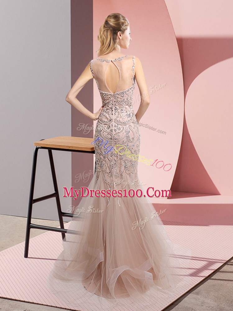 Clearance Mermaid Prom Party Dress Brown Scoop Tulle Sleeveless Floor Length Zipper