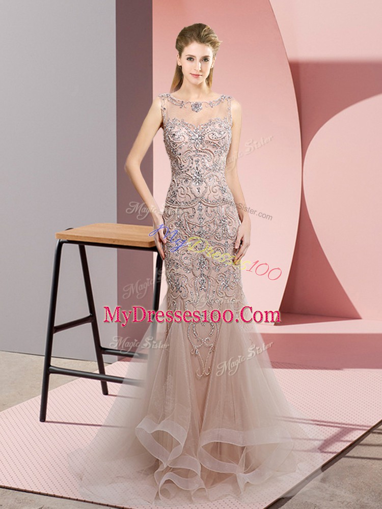 Clearance Mermaid Prom Party Dress Brown Scoop Tulle Sleeveless Floor Length Zipper