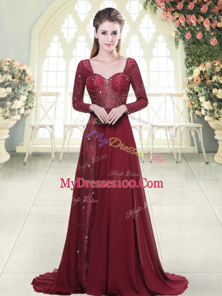 Customized Brush Train A-line Homecoming Dress Burgundy Sweetheart Chiffon Long Sleeves Zipper