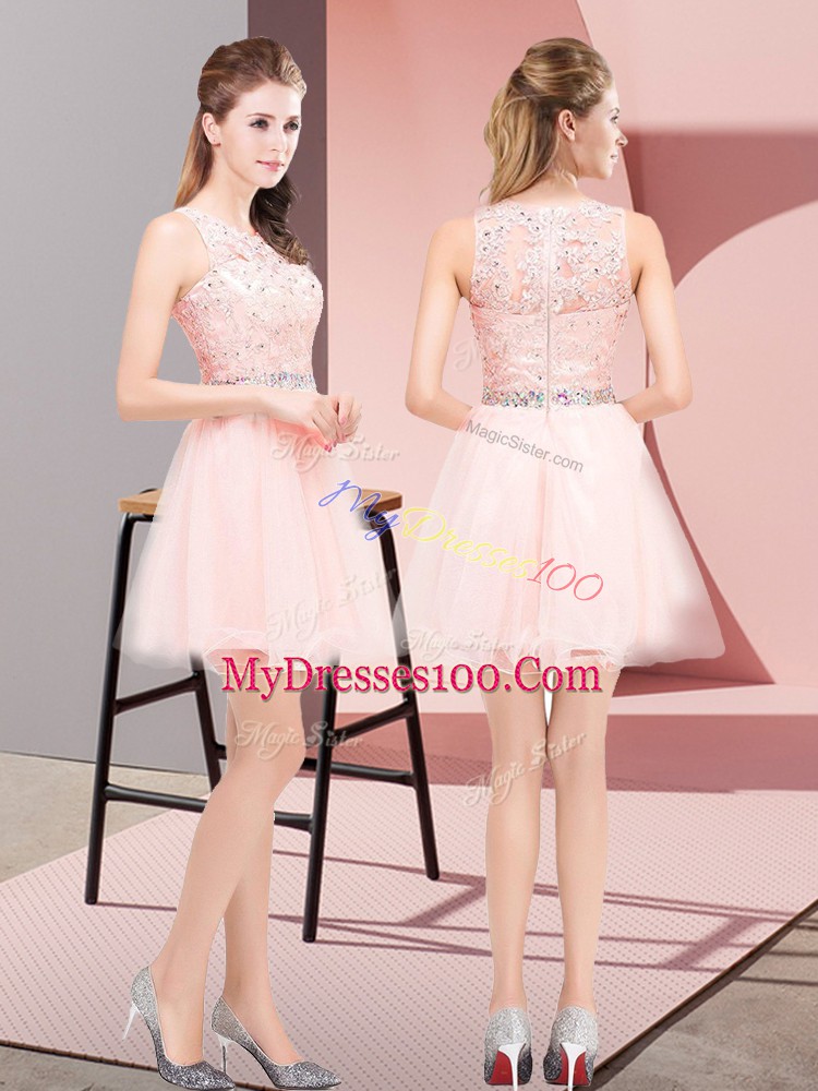 Pink A-line Scoop Sleeveless Tulle Mini Length Lace Up Beading and Lace Evening Gowns
