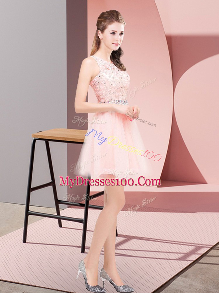 Pink A-line Scoop Sleeveless Tulle Mini Length Lace Up Beading and Lace Evening Gowns