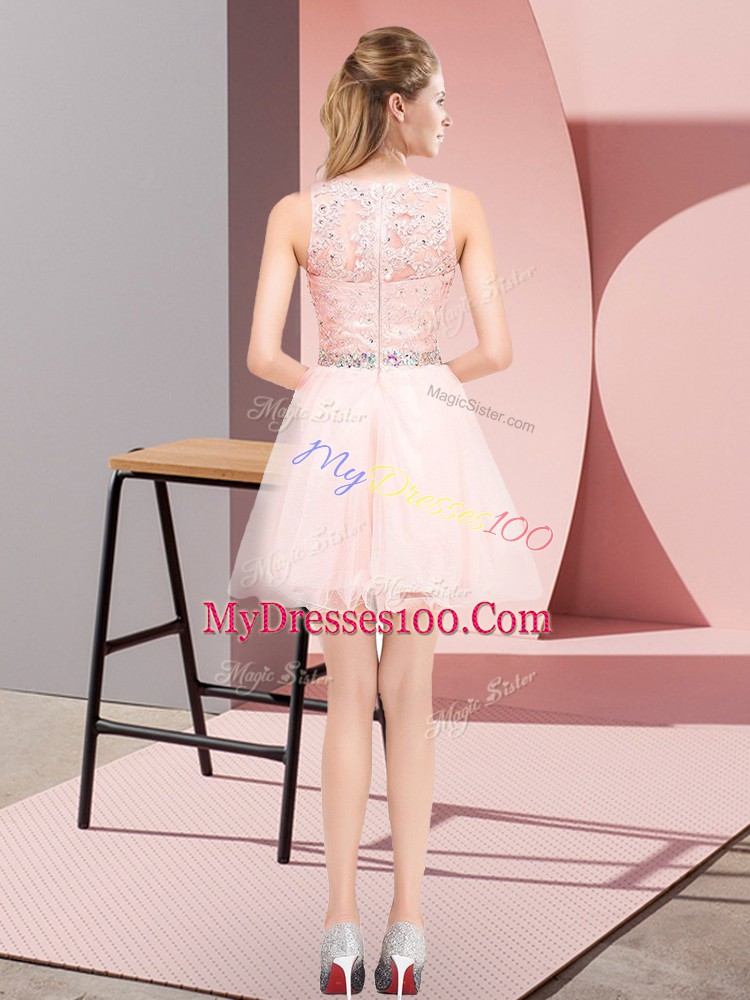 Pink A-line Scoop Sleeveless Tulle Mini Length Lace Up Beading and Lace Evening Gowns