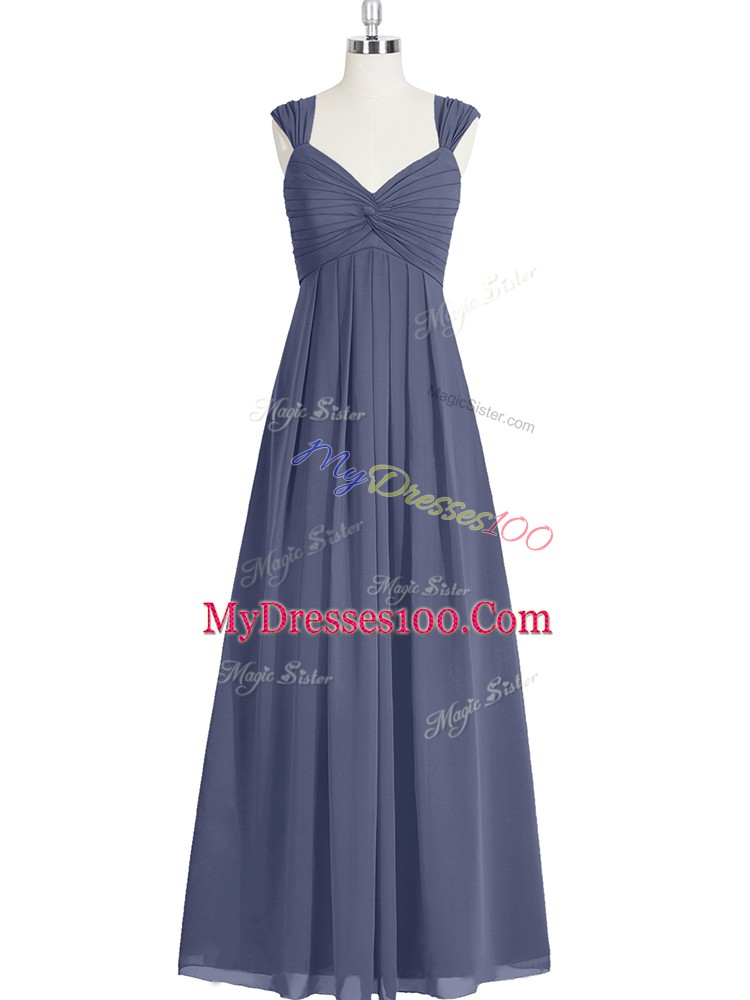 Ruching Prom Party Dress Blue Zipper Sleeveless Floor Length