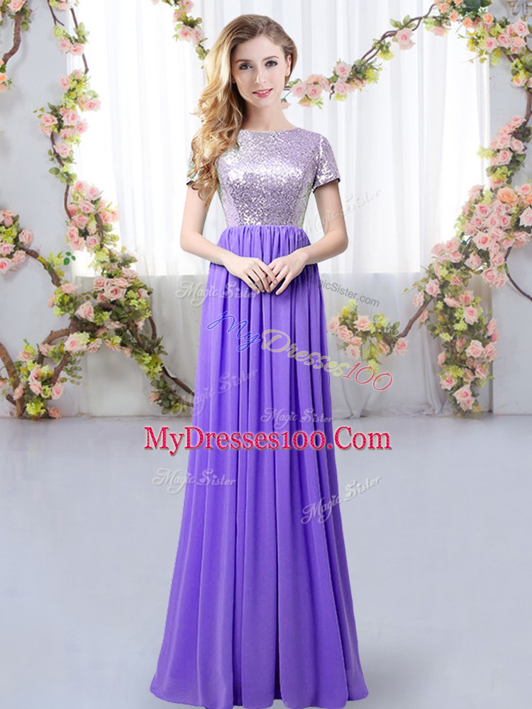 Lavender Chiffon Zipper Bridesmaid Gown Short Sleeves Floor Length Sequins