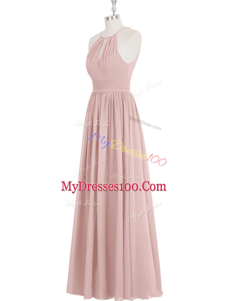 Deluxe Floor Length Baby Pink Chiffon Sleeveless Ruching