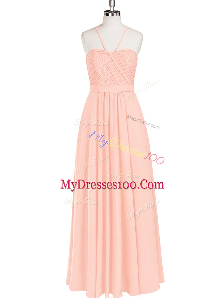 Elegant Pink Sleeveless Floor Length Ruching Zipper Evening Dress