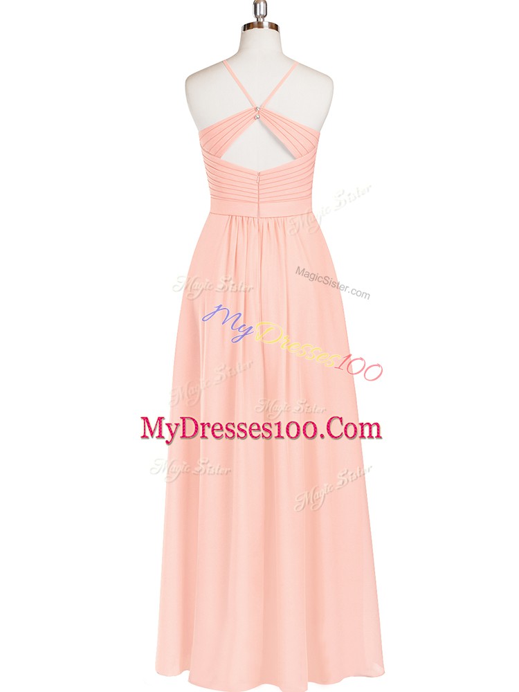 Elegant Pink Sleeveless Floor Length Ruching Zipper Evening Dress