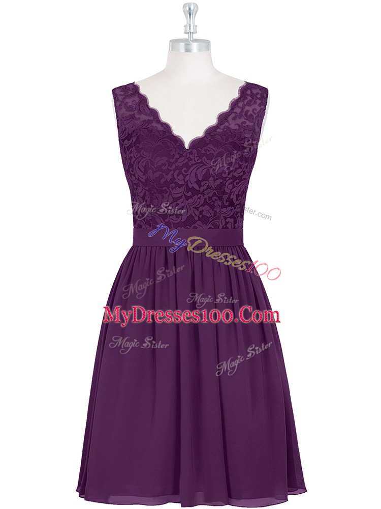 Purple A-line Chiffon Scalloped Sleeveless Lace Mini Length Zipper