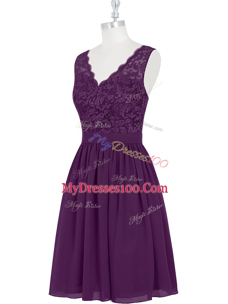 Purple A-line Chiffon Scalloped Sleeveless Lace Mini Length Zipper