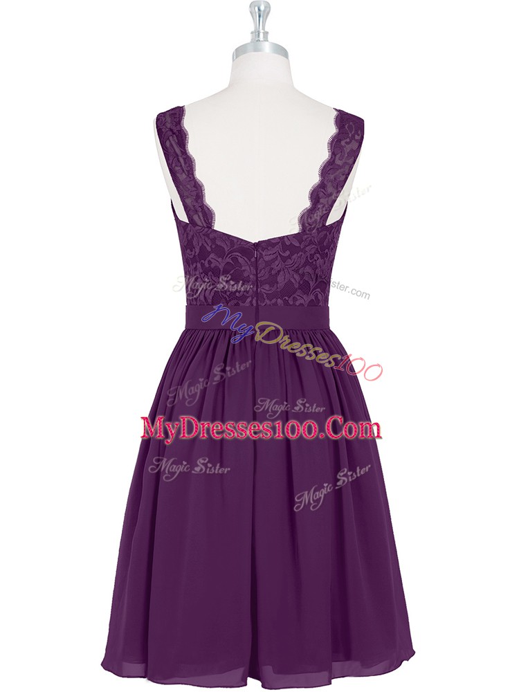 Purple A-line Chiffon Scalloped Sleeveless Lace Mini Length Zipper