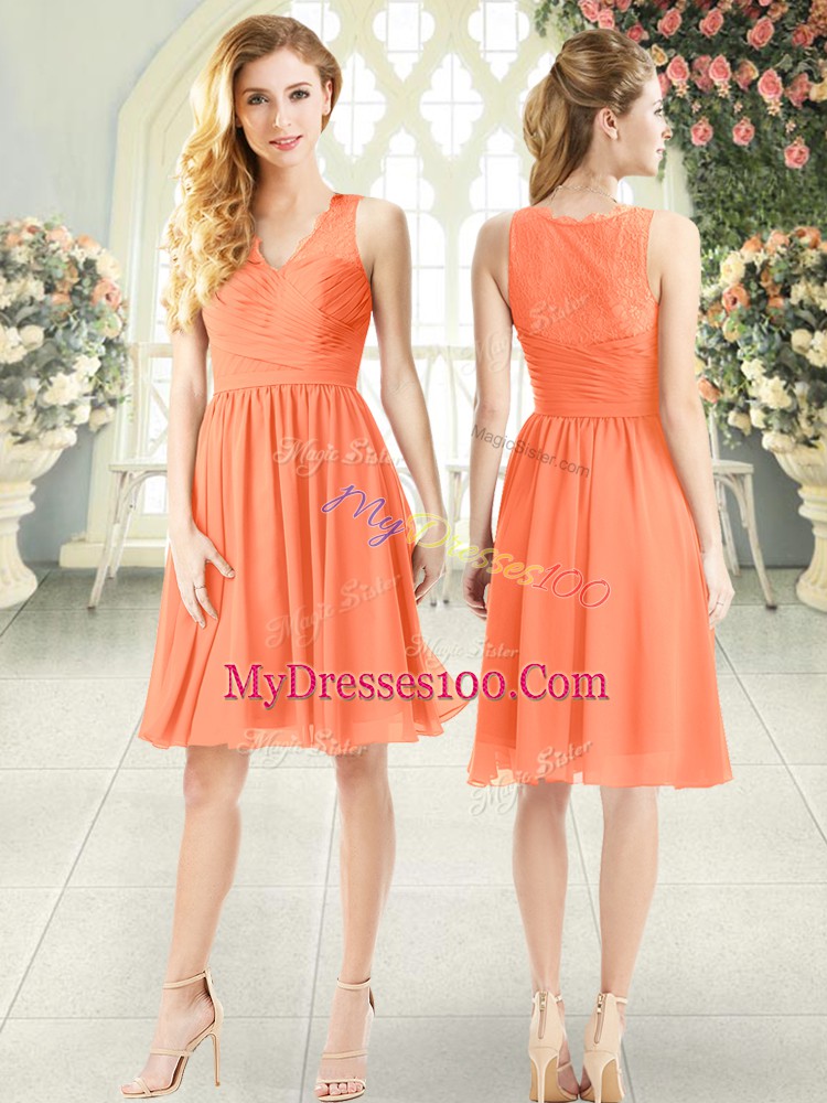 Luxurious V-neck Sleeveless Prom Gown Knee Length Lace Orange Chiffon