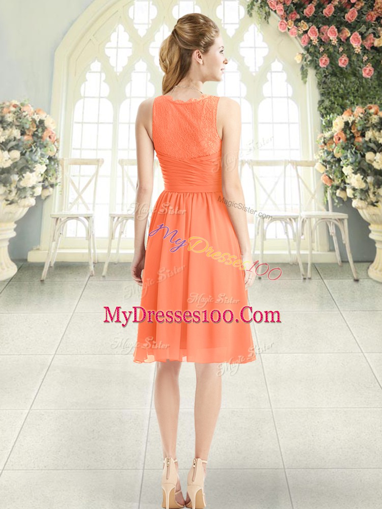 Luxurious V-neck Sleeveless Prom Gown Knee Length Lace Orange Chiffon