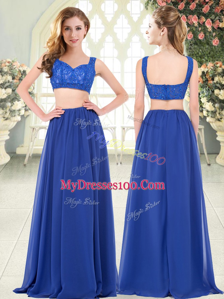 Chiffon Sleeveless Floor Length Evening Party Dresses and Beading and Lace