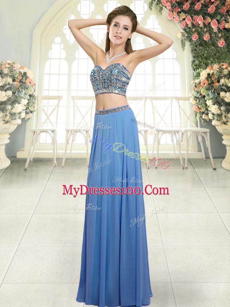 Chic Blue Chiffon Backless Evening Dress Sleeveless Floor Length Beading