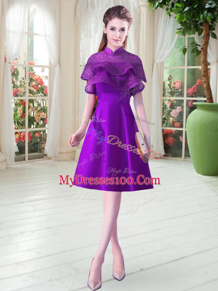Spectacular Eggplant Purple A-line High-neck Cap Sleeves Satin Knee Length Lace Up Ruffled Layers Prom Party Dress